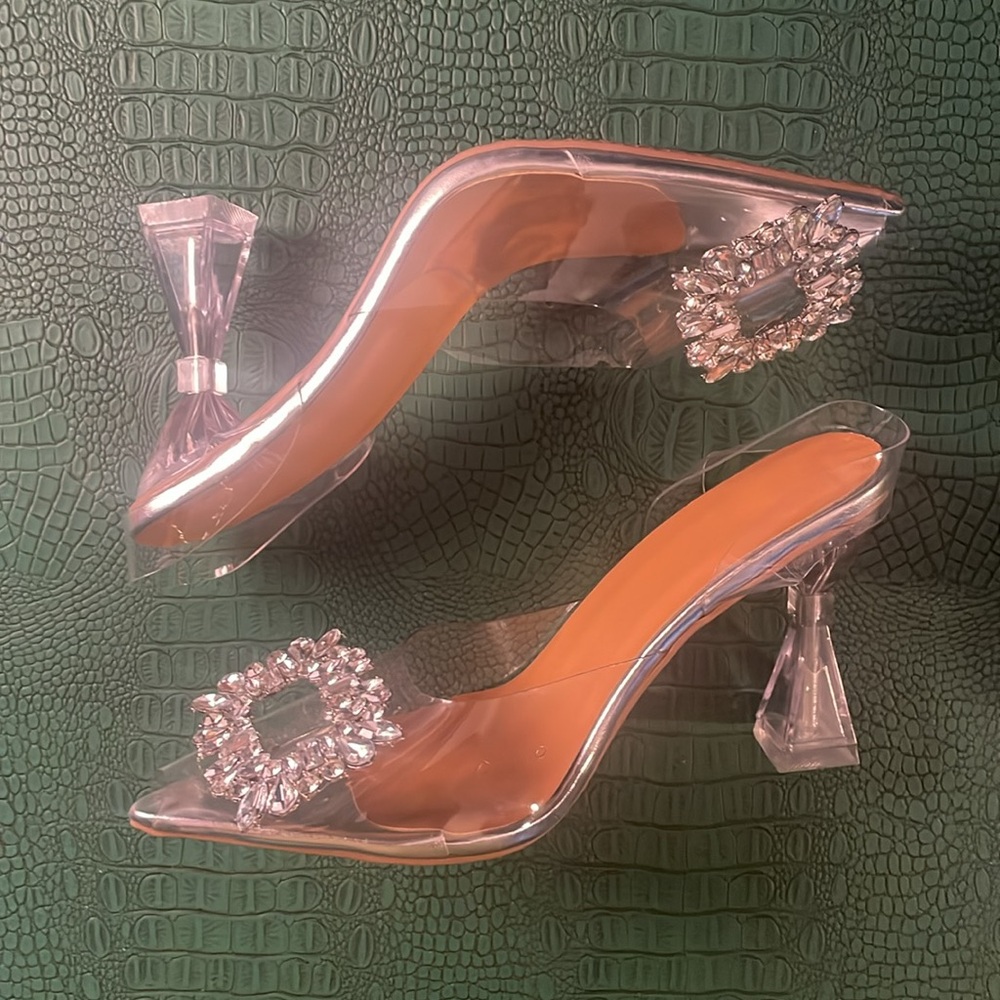 Cinderella clear pvc jelly slingback with crystal jeweled buckle and clear heel